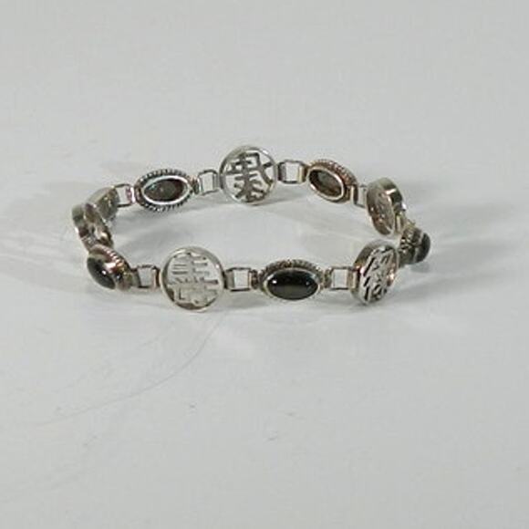 Asian Themed Link Sterling Silver Bracelet with symbols and Onyx - Picture 1 of 5
